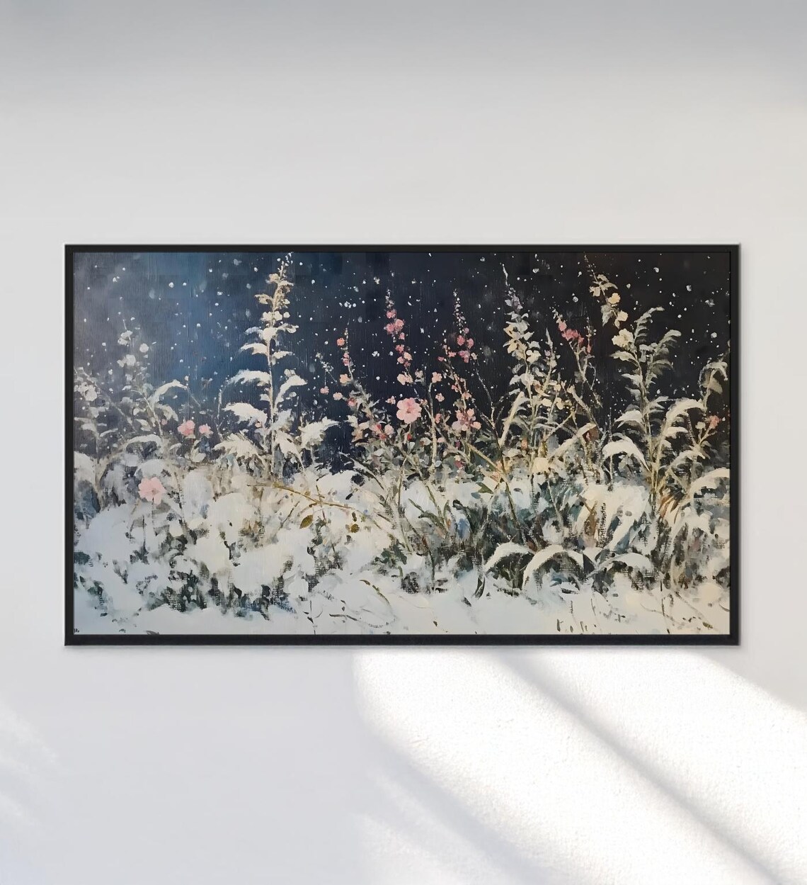 Moody Winter Garden Snow Night Pink Blooms Dark Floral Art Poster - Image 3