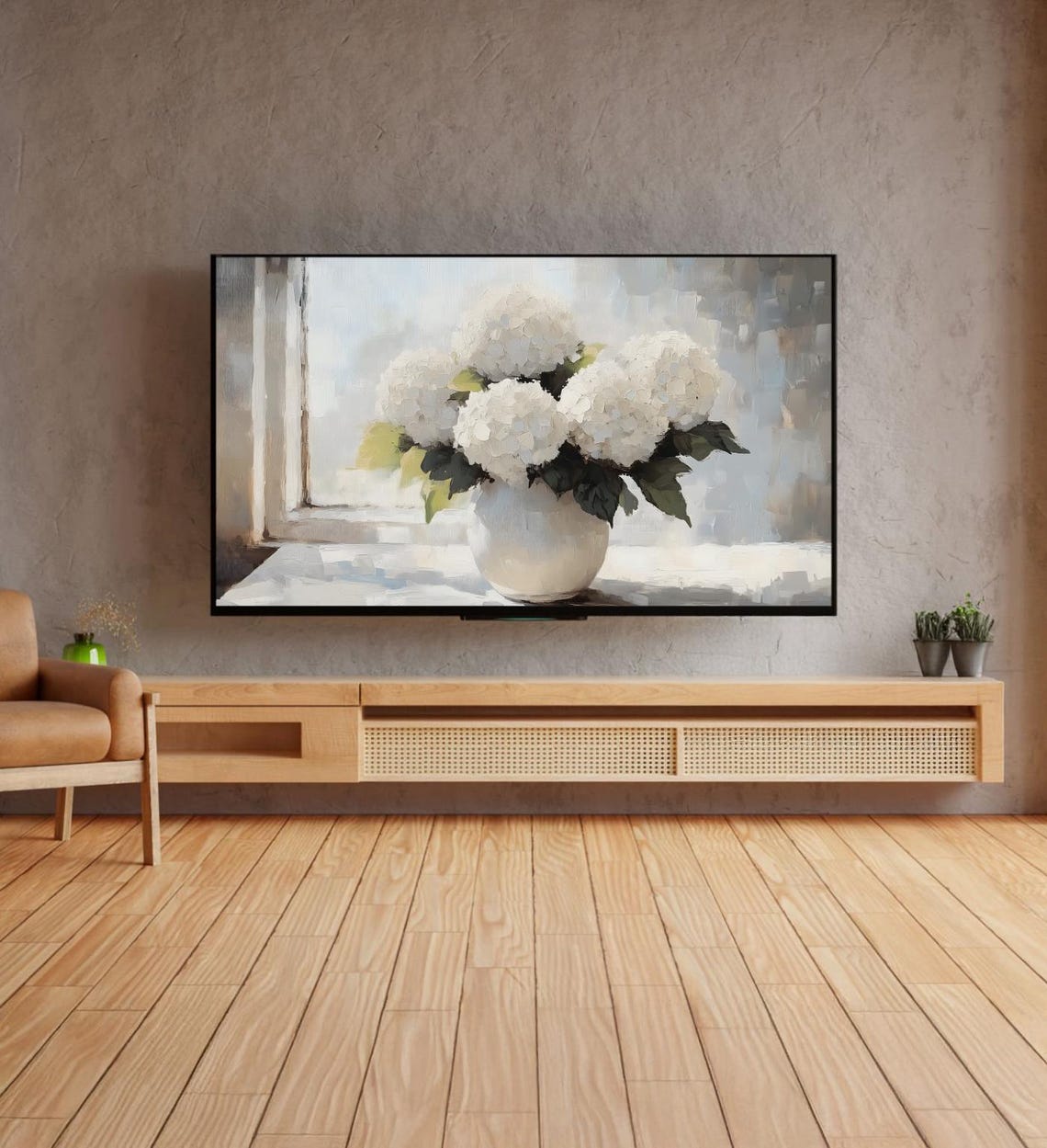 White Hydrangeas Vase Window Light Neutral Still Life Painting Poster - Image 4