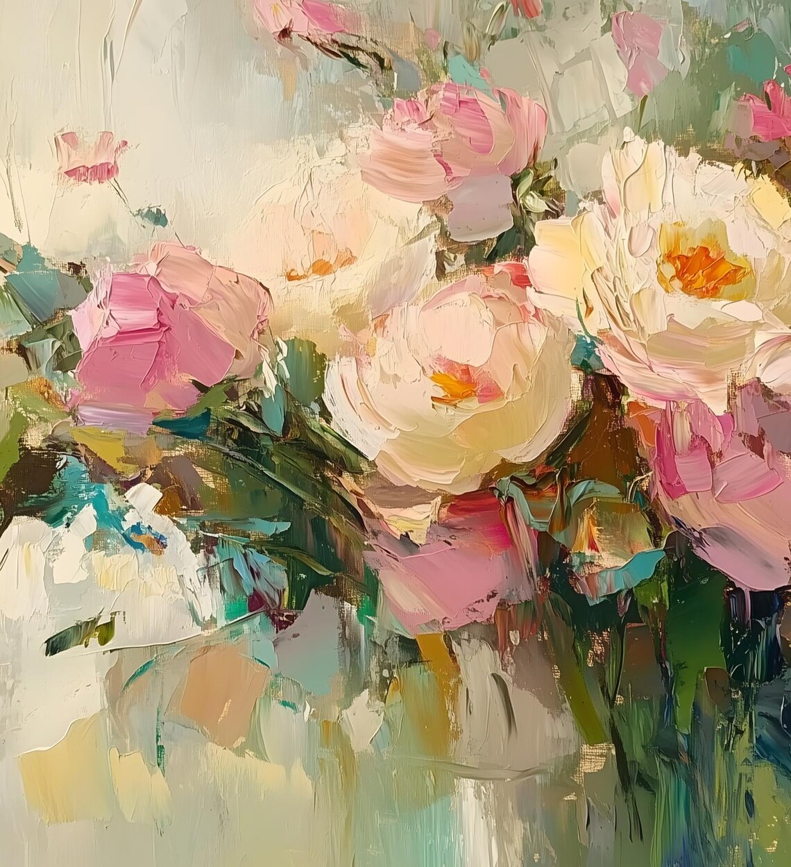 Impressionistic Pink Cream Bouquet Floral Oil Painting Colorful Art Poster - Image 6