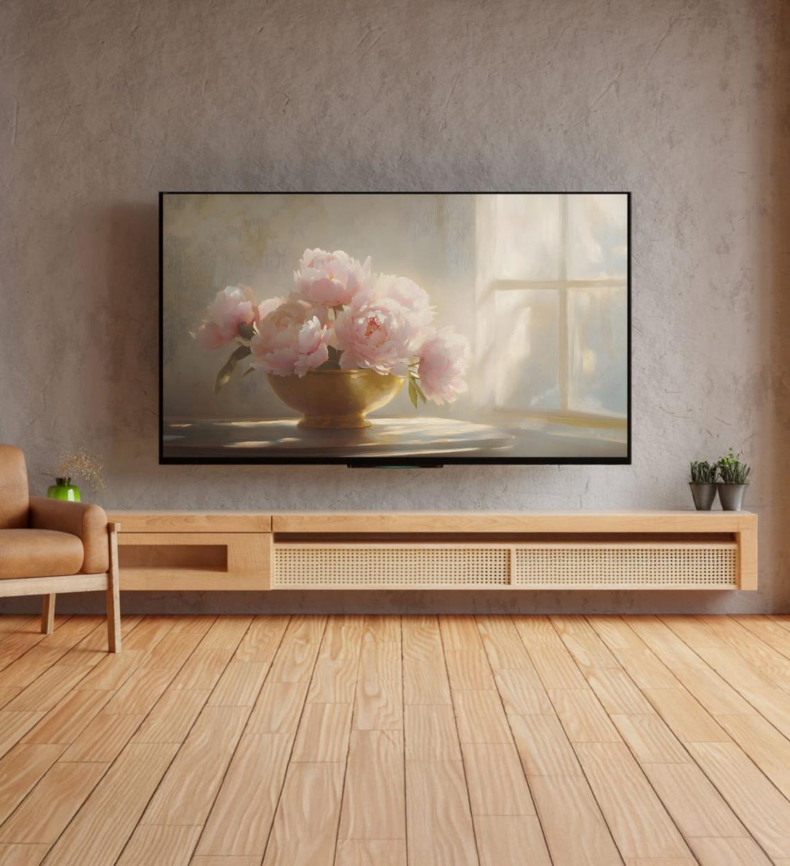 Pink Peonies Golden Bowl Sunlit Window Still Life Painting Poster - Image 4