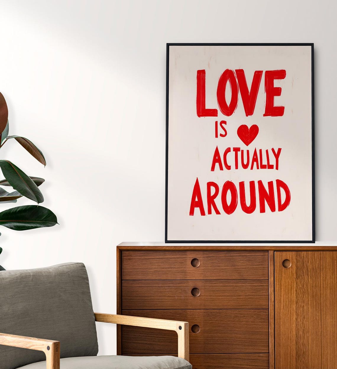 Love Is Actually Around Red Hand Lettered Quote Heart Art Print Poster - Image 6