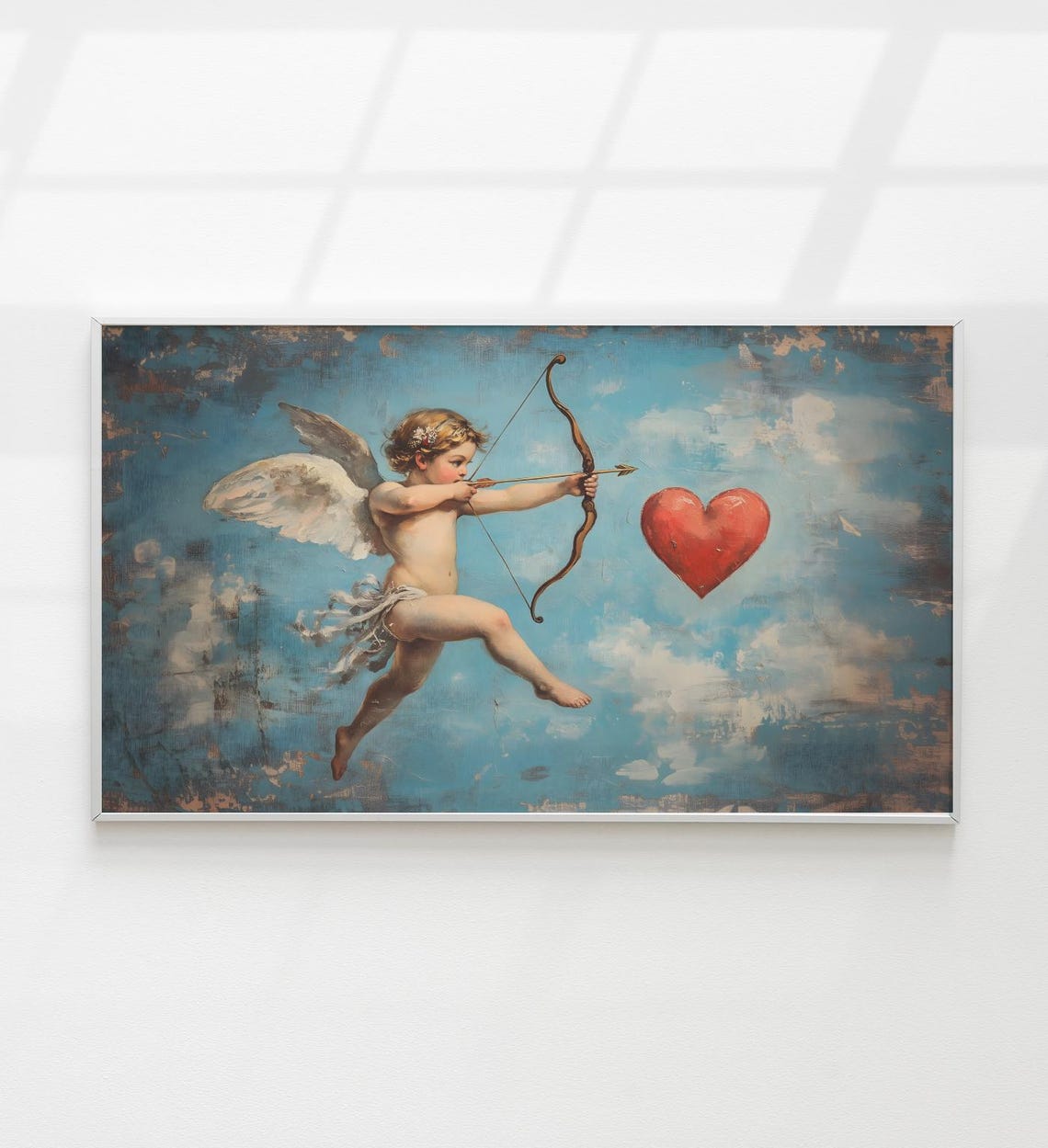 Vintage Cupid Aiming Bow Red Heart Valentine Love Painting Art Poster