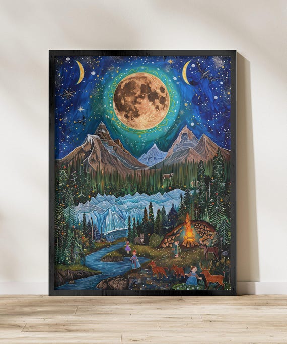 Alaska Northern Lights Wall Art Mountain Landscape Moon And Stars Artwork Forest And Wildlife Print Night Sky Decor