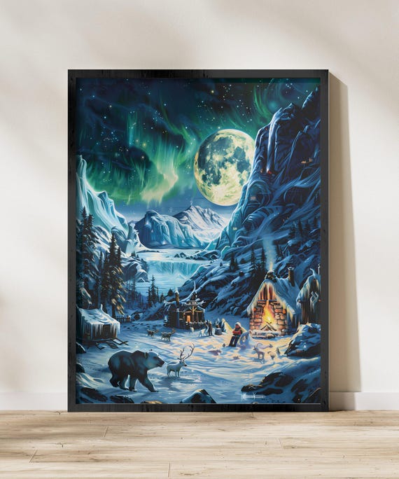 Northern Lights Art Print Polar Wilderness Wall Art Alaskan Night Sky Scenic Mountain Landscape Aurora Borealis Poster