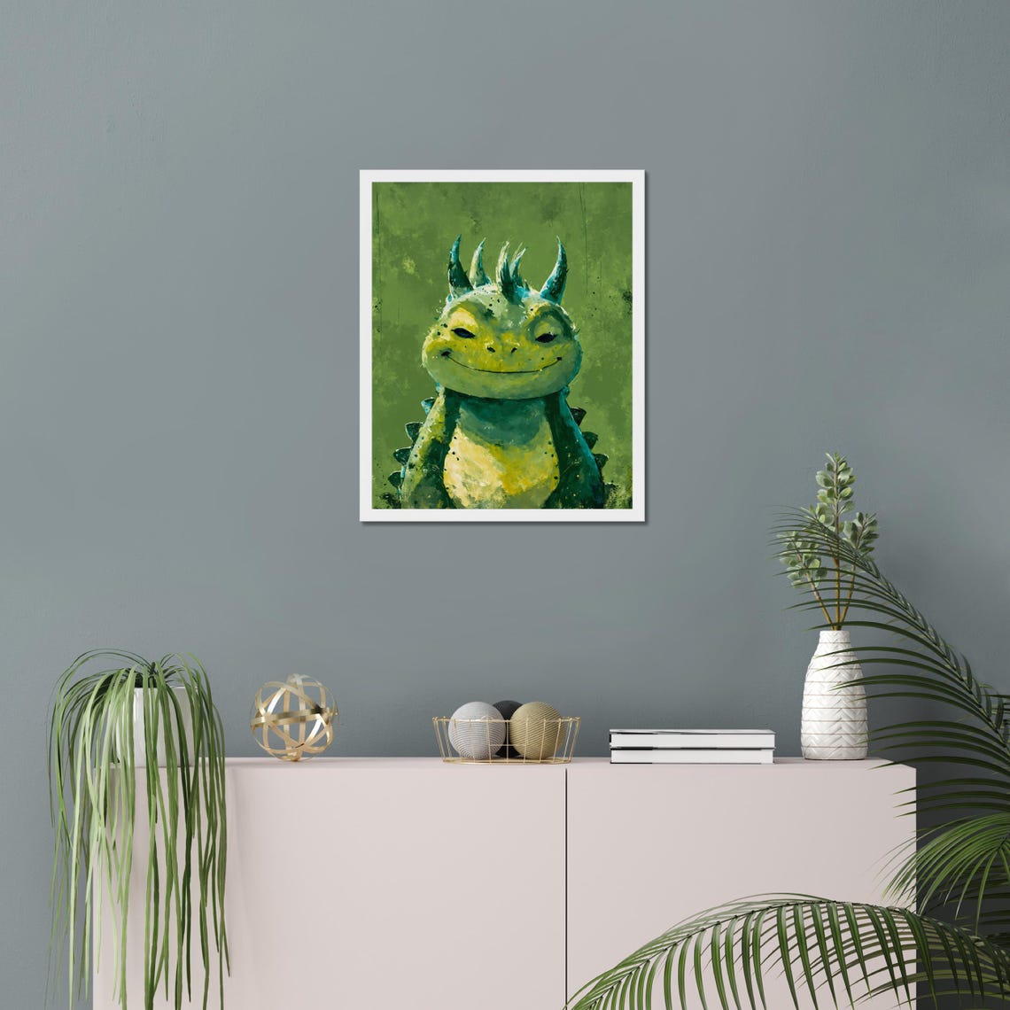 Smirking Green Dragon Portrait Fantasy Cute Baby Dragon Art Poster - Image 3