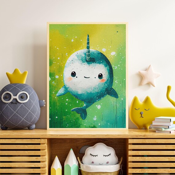 Smiling Baby Narwhal Teal Splatter Ocean Animal Nursery Wall Art