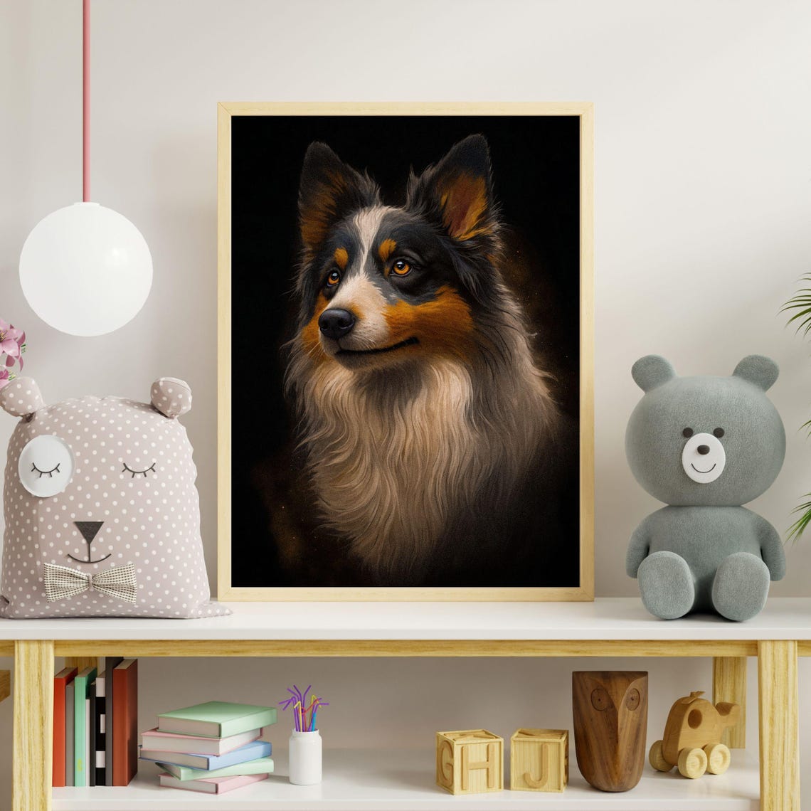 Tri Color Australian Shepherd Portrait Black Background Wall Art - Image 7