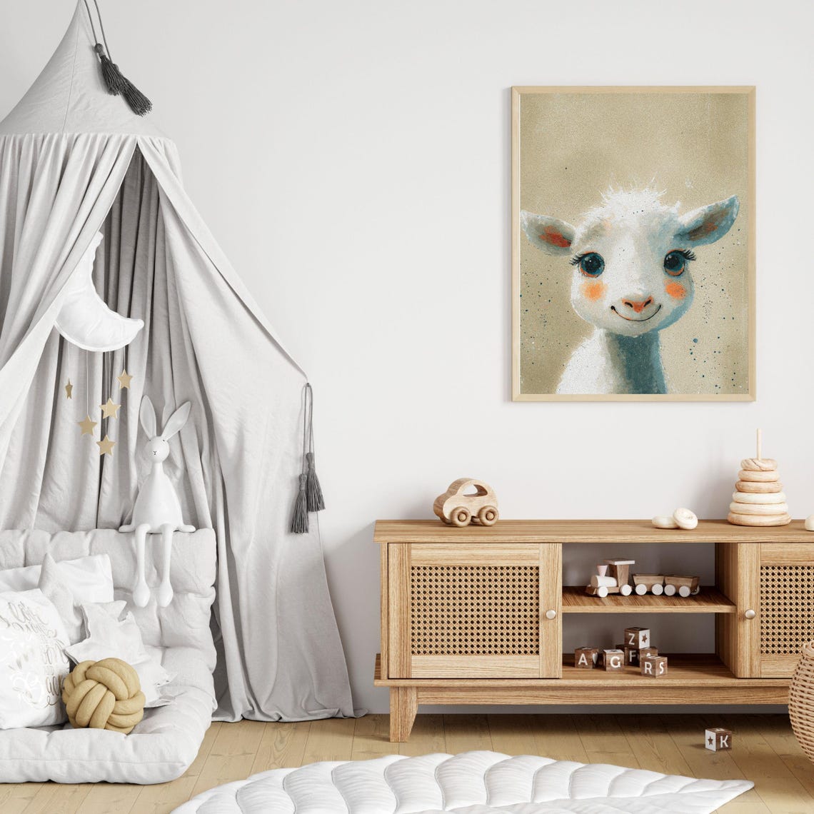 Baby Sheep Art Print White Wool Lamb Illustration For Nursery Farm Animal Wall Art Baby Goat Painting 8x10 12x16 16x20 18x24 - Image 3