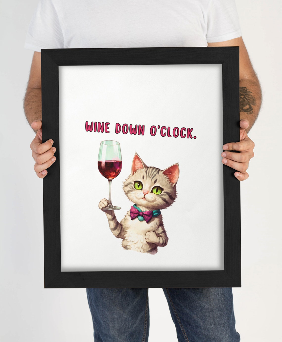 Wine Down O Clock Funny Cat Drinking Wine Glass Quote Humor Art Poster - Image 4