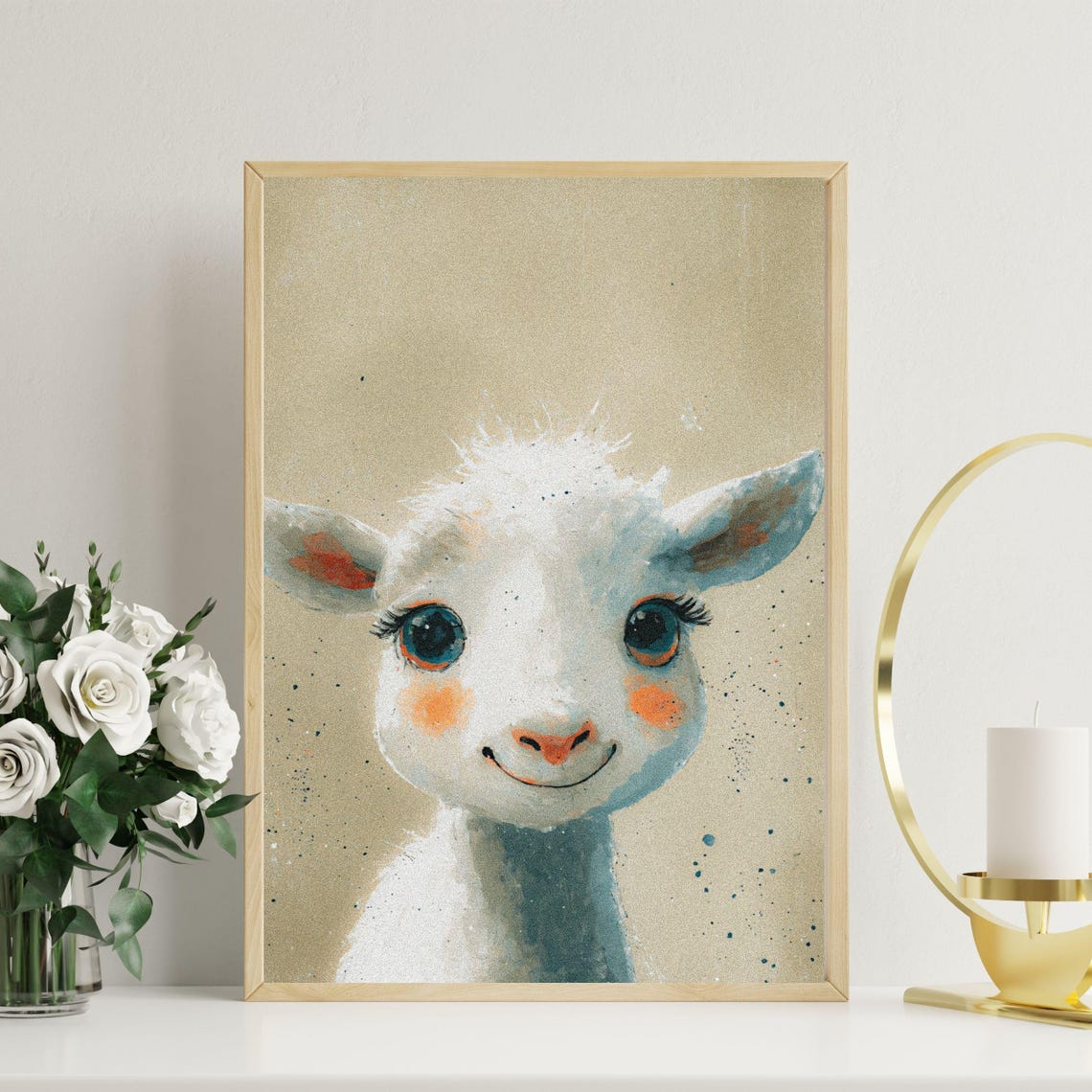 Baby Sheep Art Print White Wool Lamb Illustration For Nursery Farm Animal Wall Art Baby Goat Painting 8x10 12x16 16x20 18x24