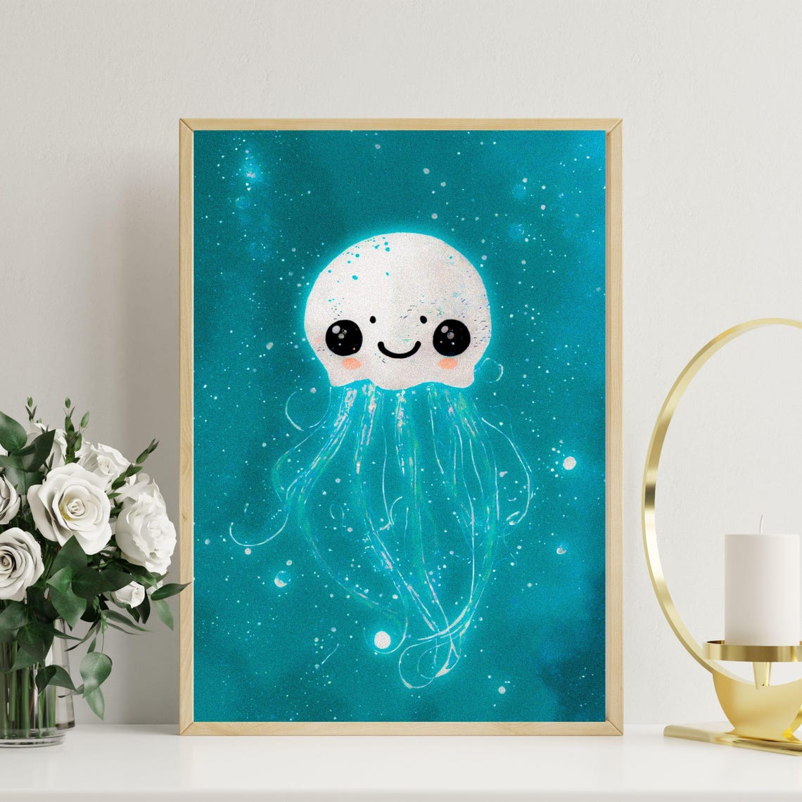 White Glowing Baby Jellyfish Framed Art Print Kids Room Decor Ocean Creature Wall Art Nursery Art Bioluminescent Sea Life Poster