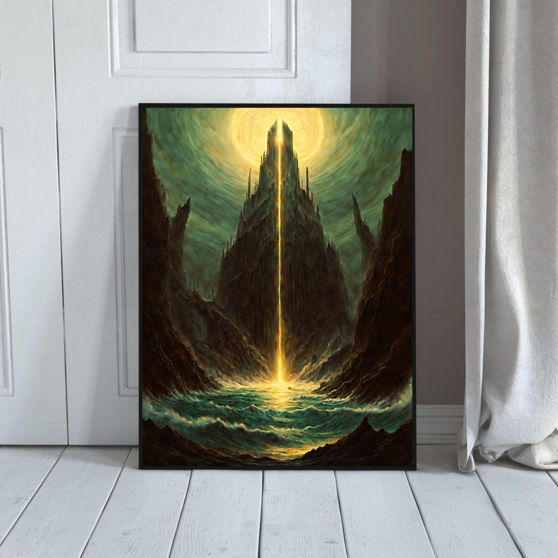 Epic Fantasy Landscape Art Print Mystical Waterfall Mountain Glowing Light Dramatic Scene Unique Wall Art Fantasy Decor 8x10 24x36