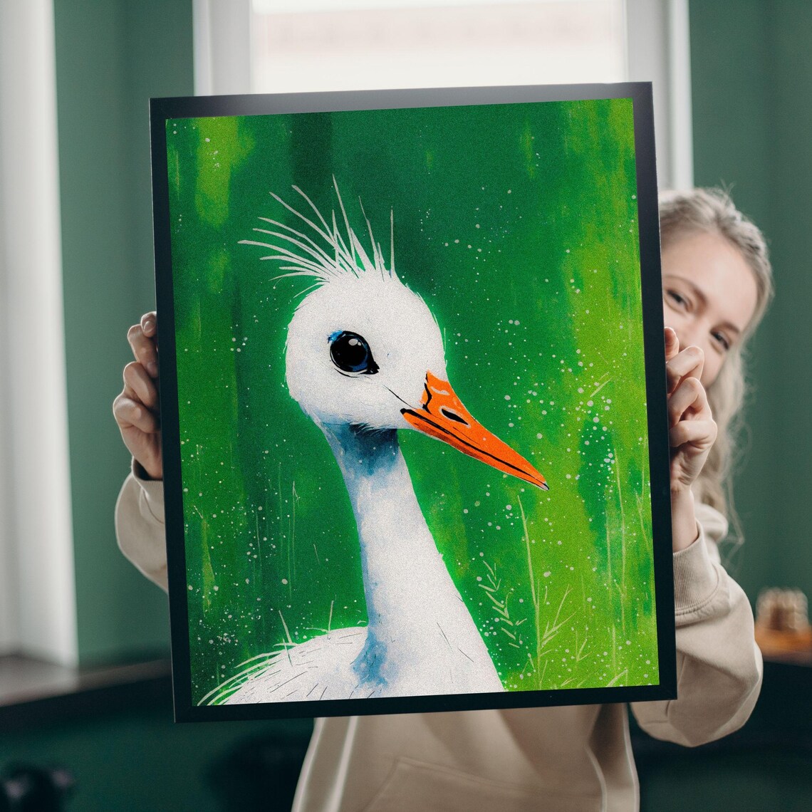 White Crane Art Print, Elegant Bird Illustration
