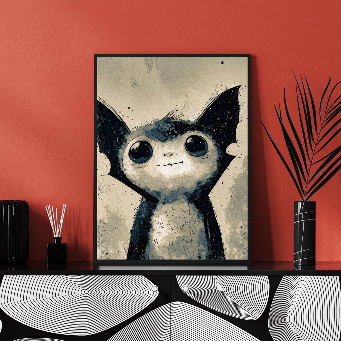 Watercolor Baby Bat Cute Dracula Portrait, Nursery Decor