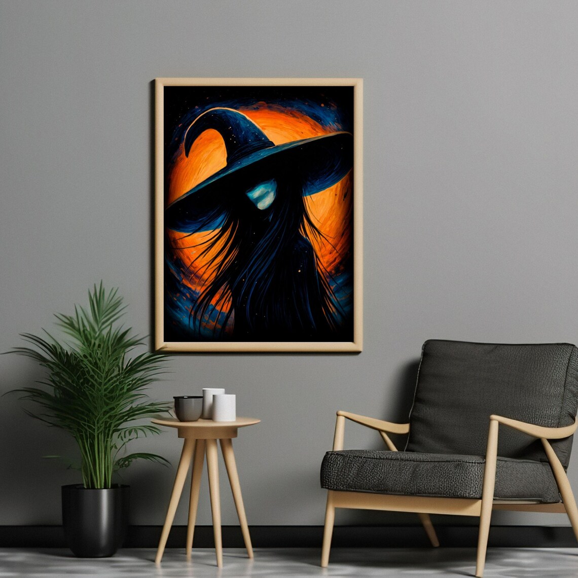 Gothic Witch Silhouette In Wide Brim Hat Against Orange Moon Fantasy Art Print - Image 2