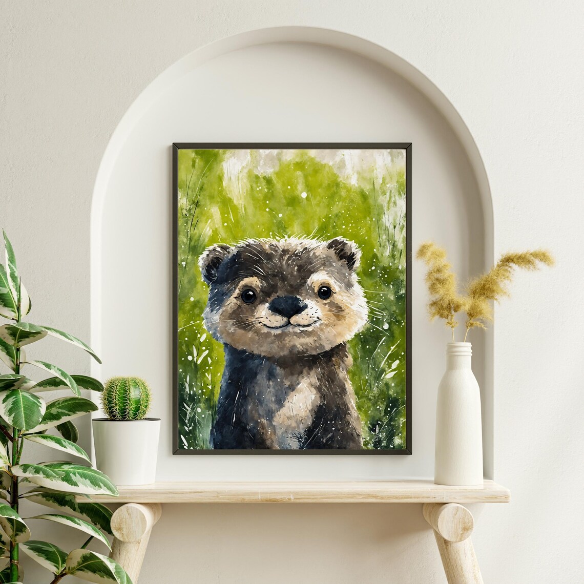 Sweet Baby Otter Watercolor Portrait Green Woodland Nursery Poster