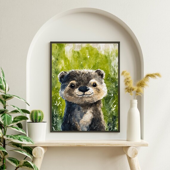 Sweet Baby Otter Watercolor Portrait Green Woodland Nursery Poster