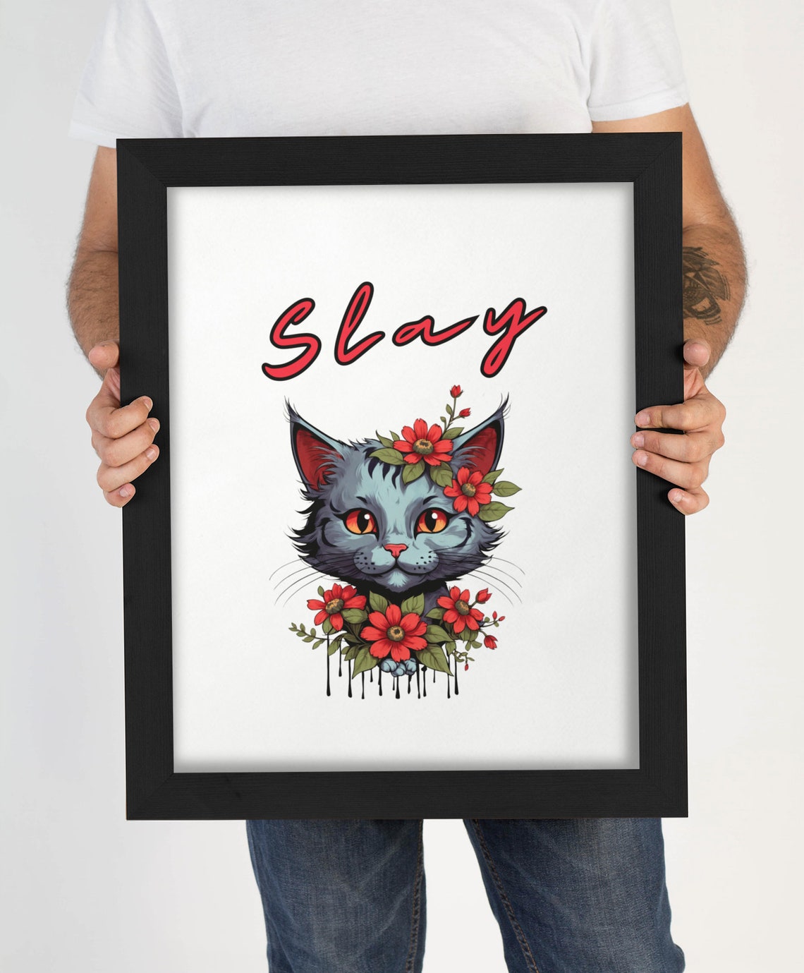 Slay Gray Cat With Red Flowers Bold Floral Feline Girl Power Poster - Image 4