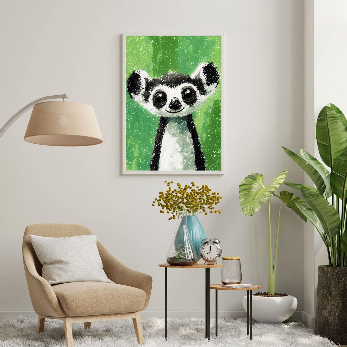 Cute Baby Lemur Big Eyes Green Splatter Nursery Animal Wall Art - Image 5