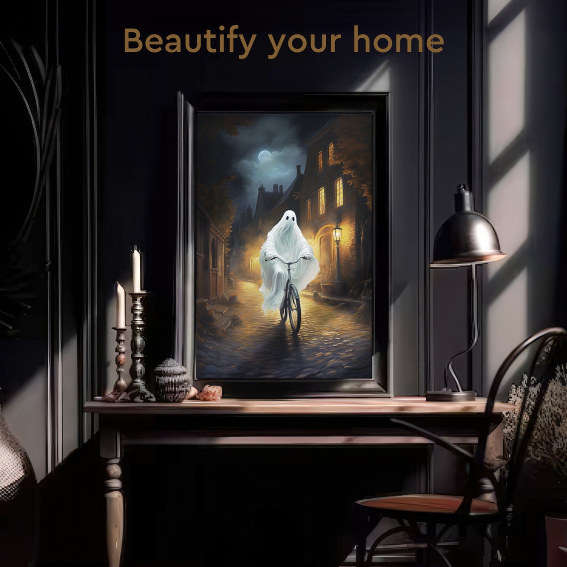 Ghost Riding Bicycle Moonlit Cobblestone Village Night Horror Poster - Image 3