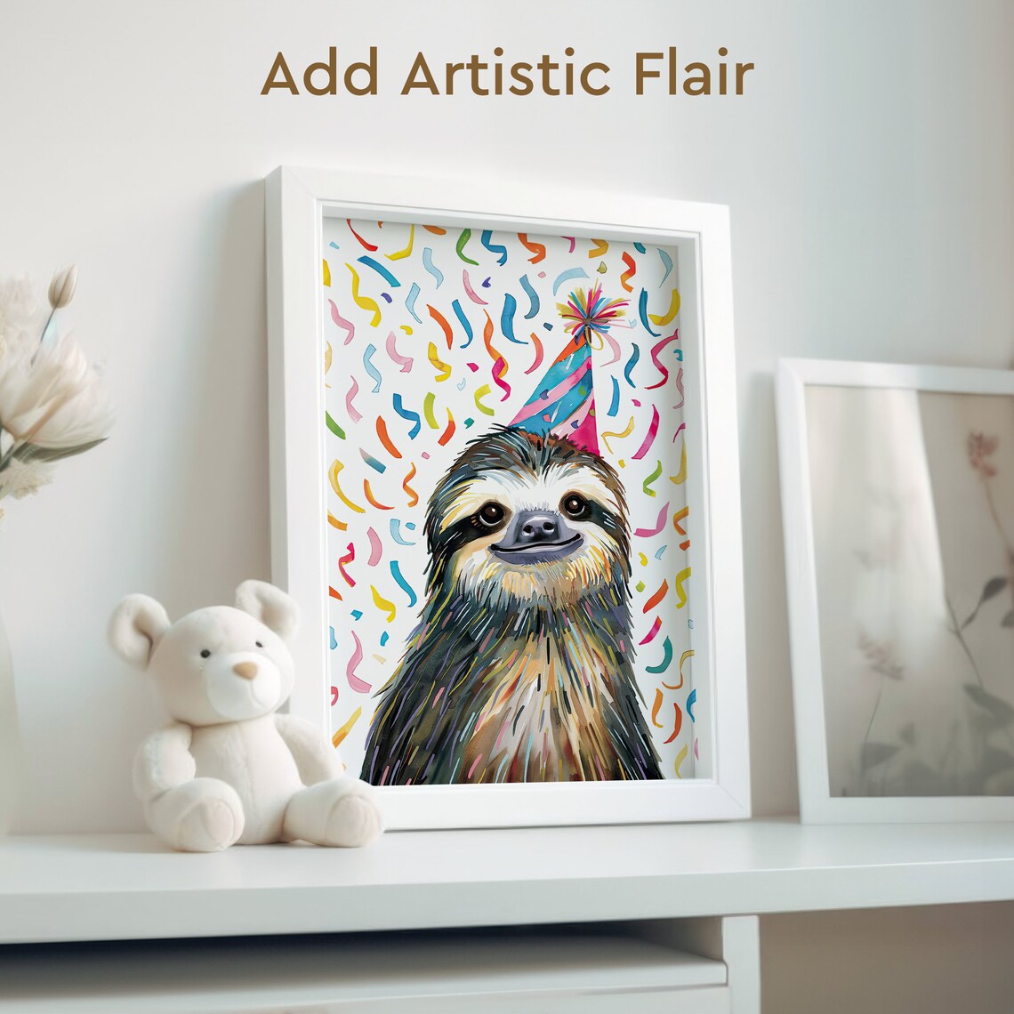 Colorful Party Hat Sloth Watercolor Birthday Celebration Poster - Image 2