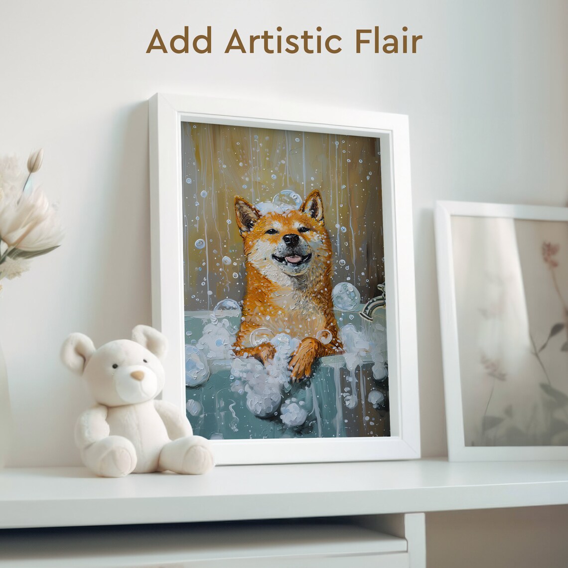 Shiba Inu Bubble Bath, Oil-Painted Poster Print for Bathroom - Image 2
