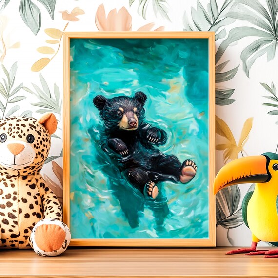 Playful Black Bear Cub Floating Lazily In A Turquoise Pool Poster