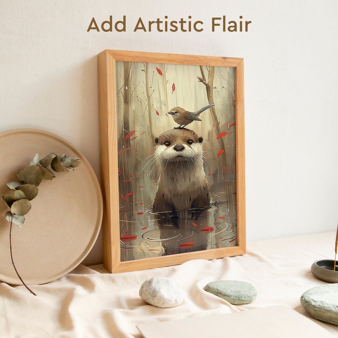 Joyful Otter and Bird Funny Wildlife Art Print - Image 2