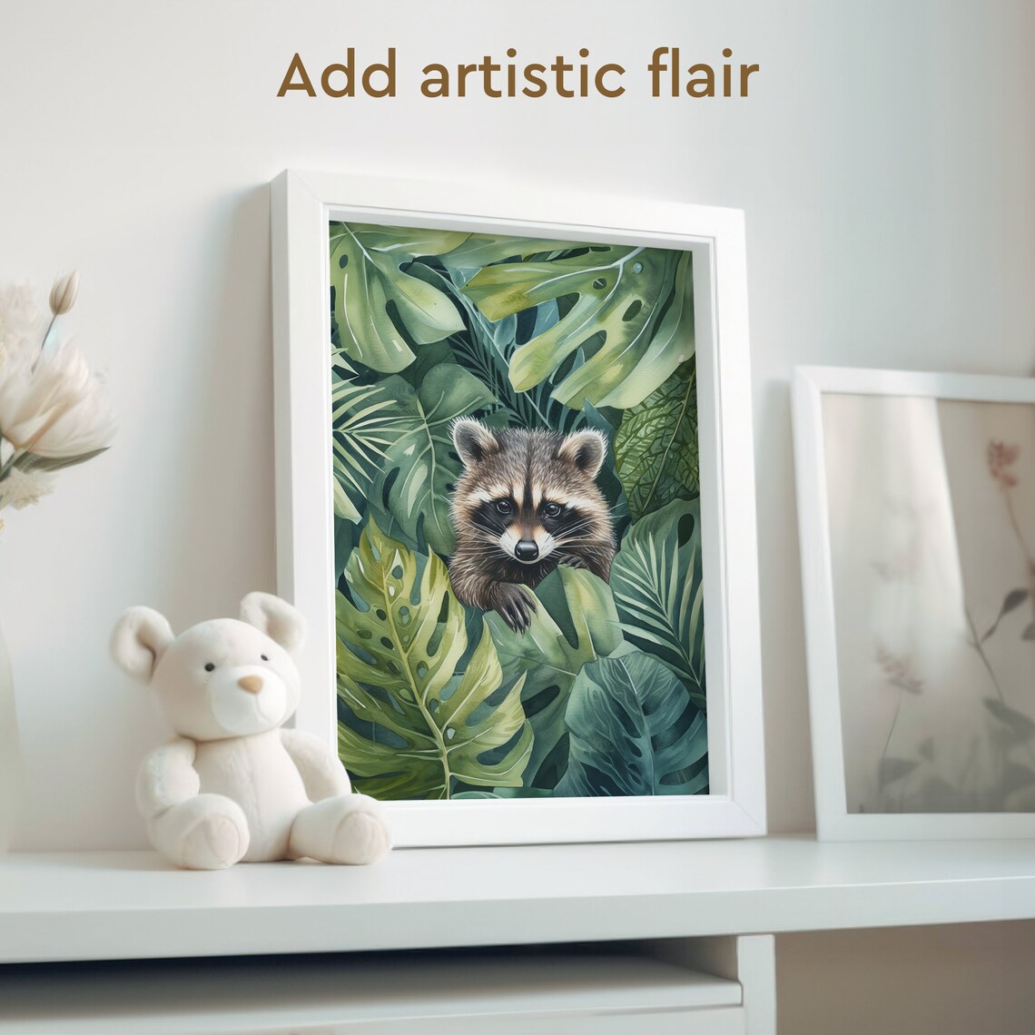 Raccoon Peeking Through Lush Tropical Monstera Leaves Watercolor Poster - Image 2