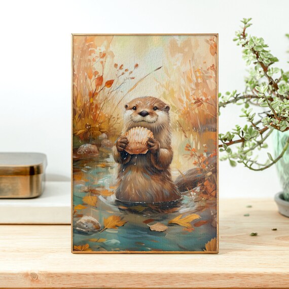 Cute Otter Holding a Seashell in a Golden Autumn Creek Poster