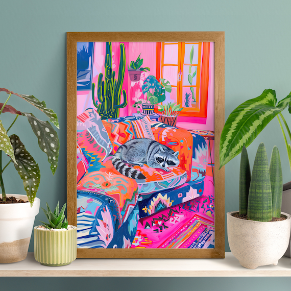 Sleepy Raccoon on Colorful Sofa Fauvist Style Funny Pet Wall Art