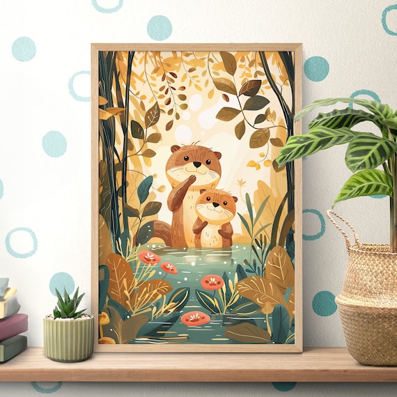 Otter Mother and Baby Sweet Cartoon Illustration Nursery Poster