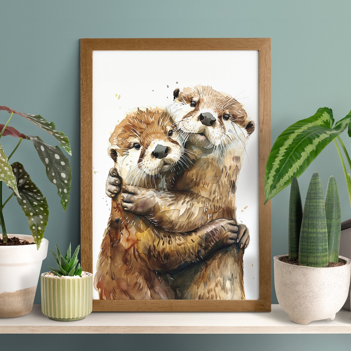 Lovely Otter Cuddling Portrait Poster, Funny Wildlife Art