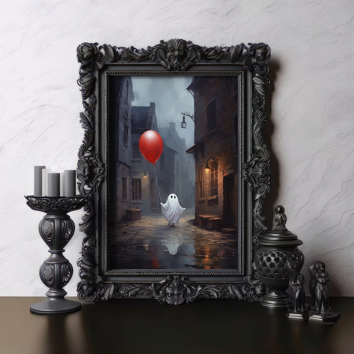 Tiny Ghost Holding a Red Balloon in a Foggy Old Town Alley Poster