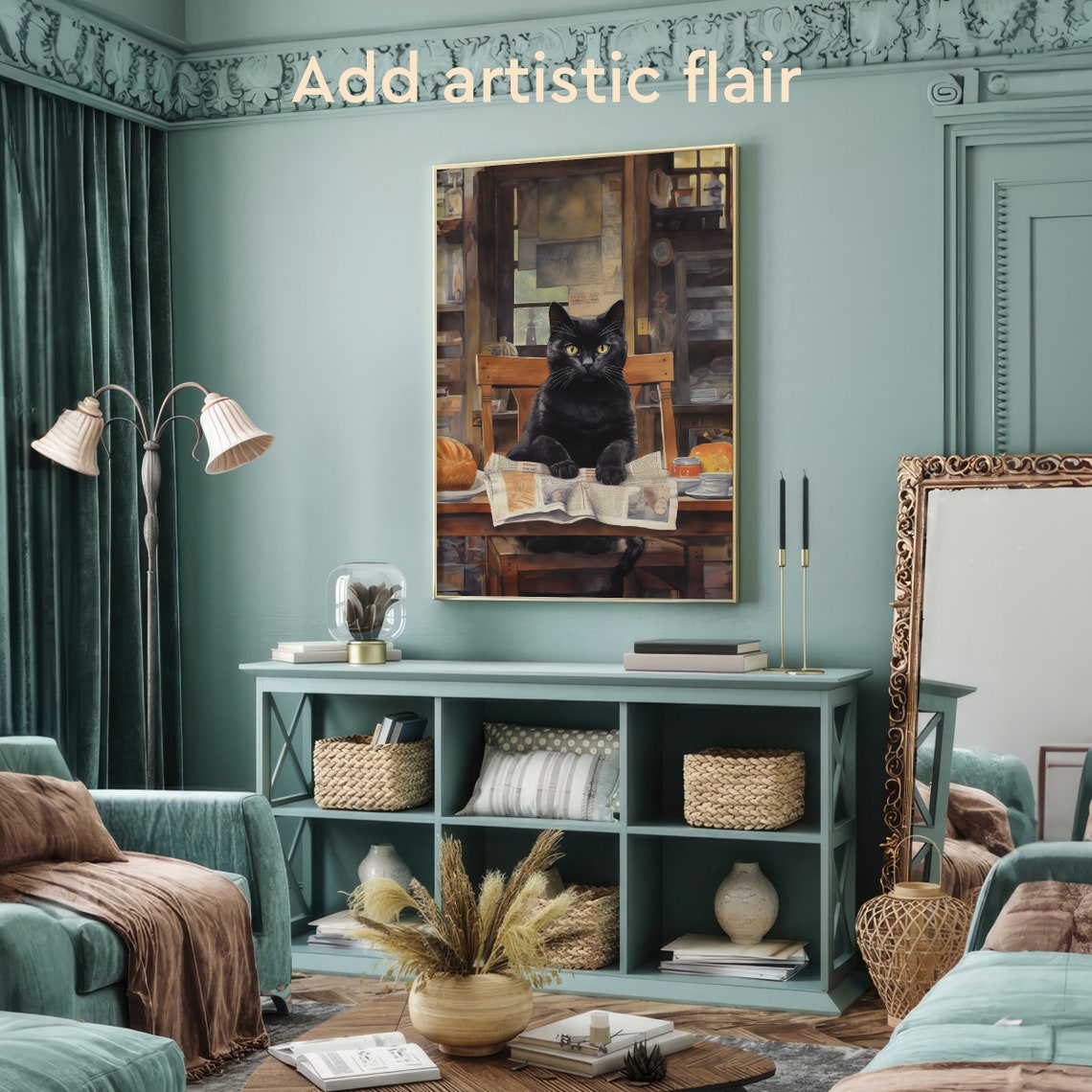 Black Cat Reading Newspaper Kitchen Table Morning Coffee Art Poster - Image 2