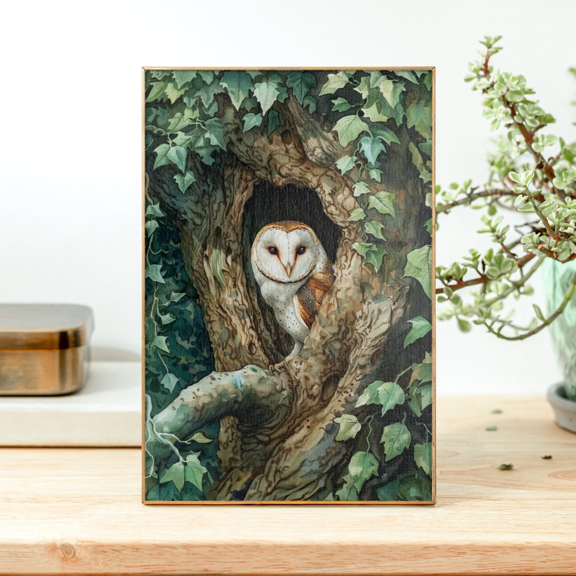 Barn Owl Resting in an Ivy Covered Tree Hollow Watercolor Poster