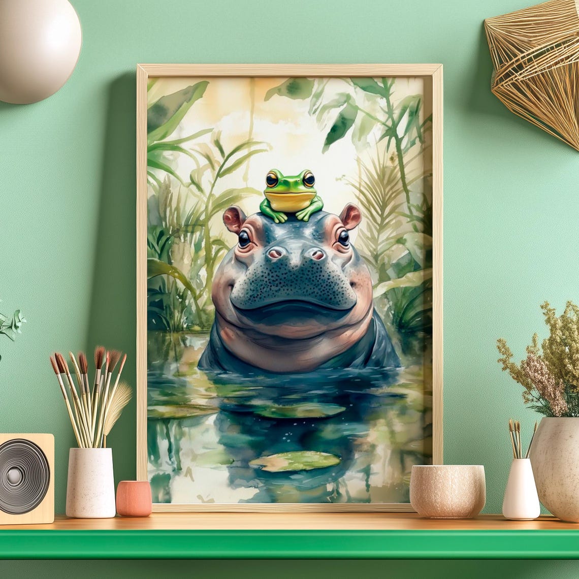 Smiling Baby Hippo With A Tiny Frog Resting On Its Head Poster