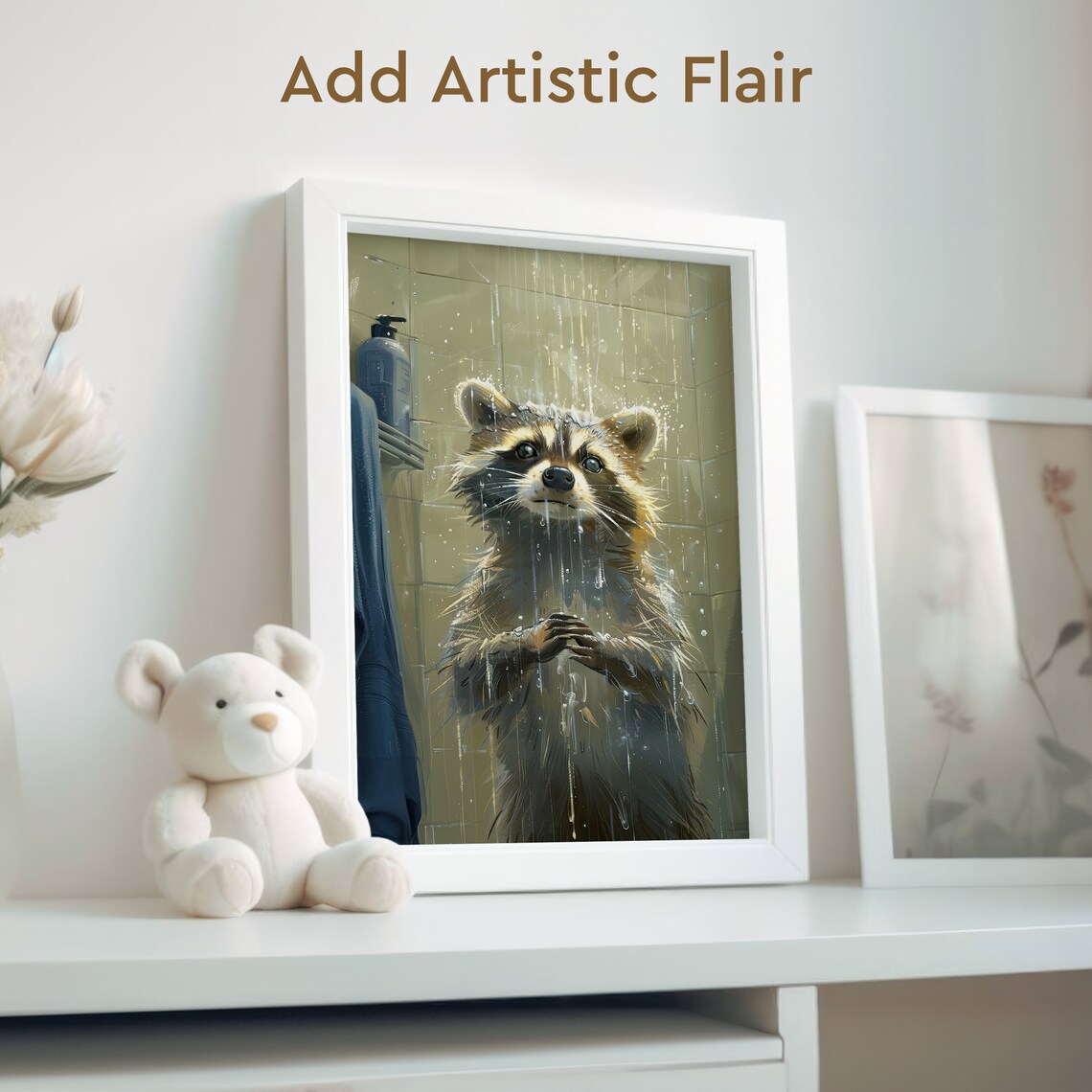 Wet Raccoon Taking a Shower Funny Bathroom Animal Portrait Poster - Image 2