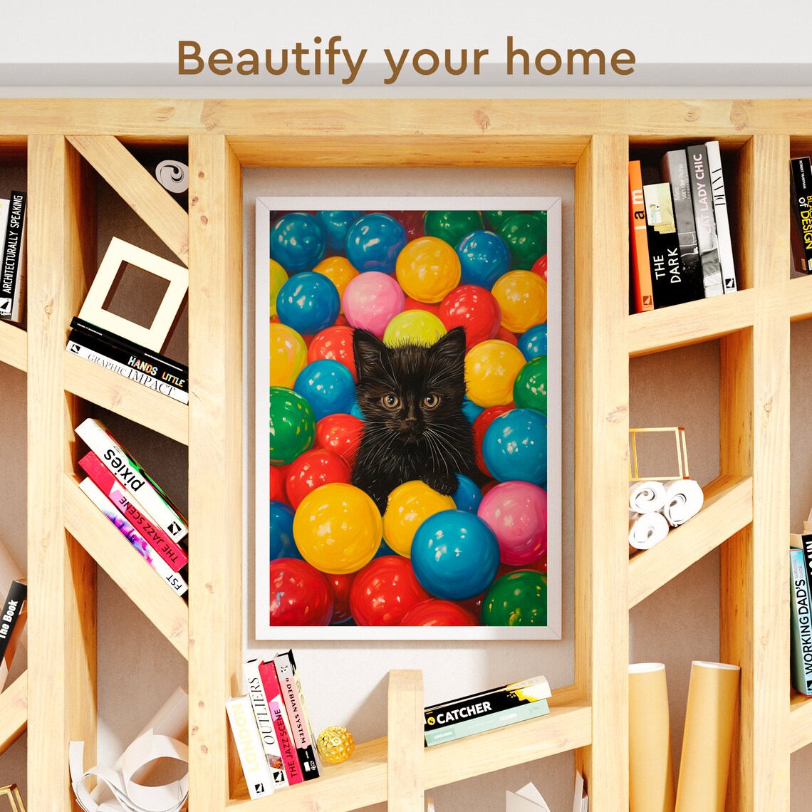 Black Kitten Peeking Out of a Colorful Ball Pit Oil Painting Poster - Image 3