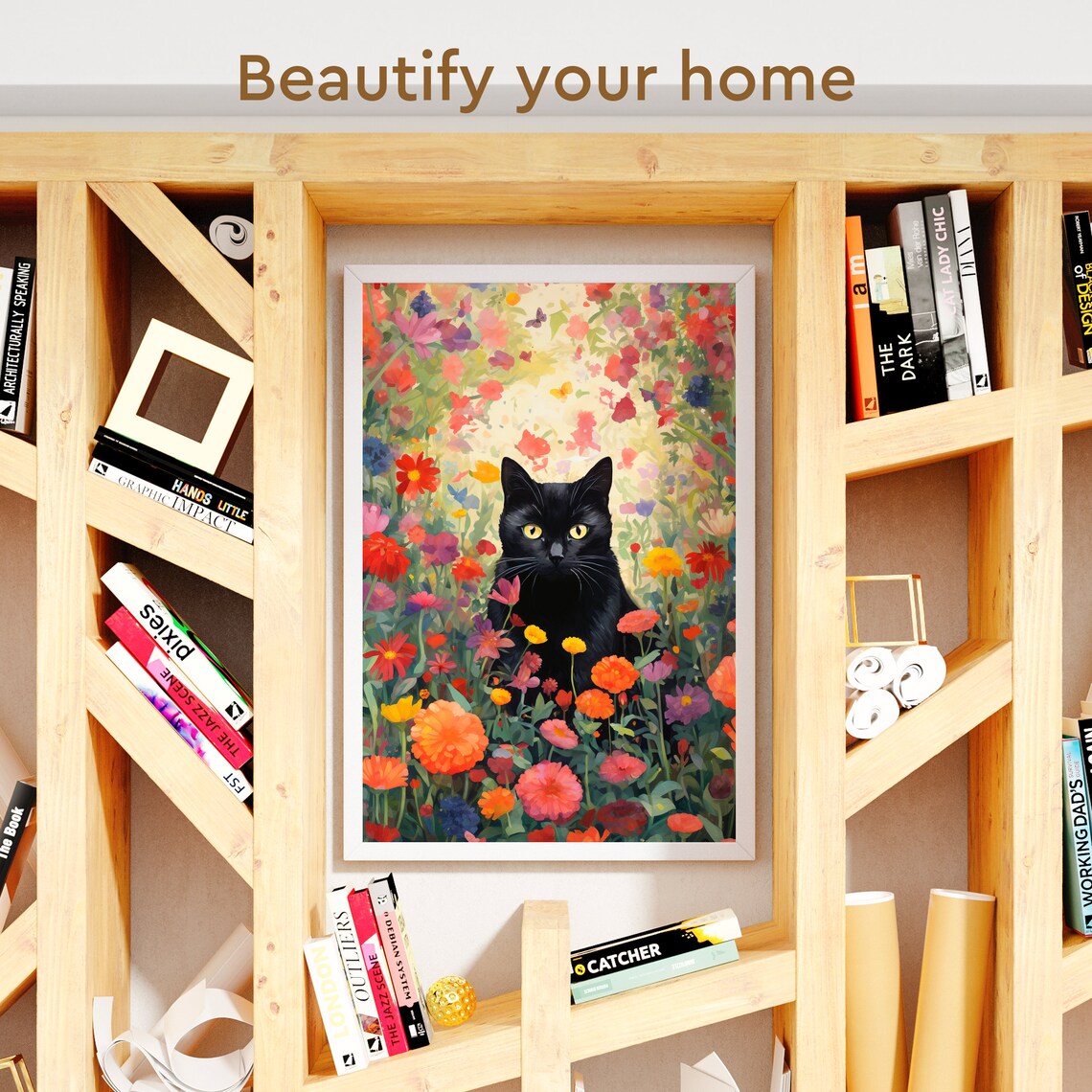 Black Cat and Flowers Watercolor Art Print, Forestcore - Image 3