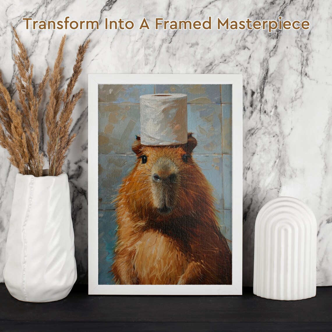 Capybara Wearing Toilet Paper Roll Funny Bathroom Oil Painting Poster - Image 2