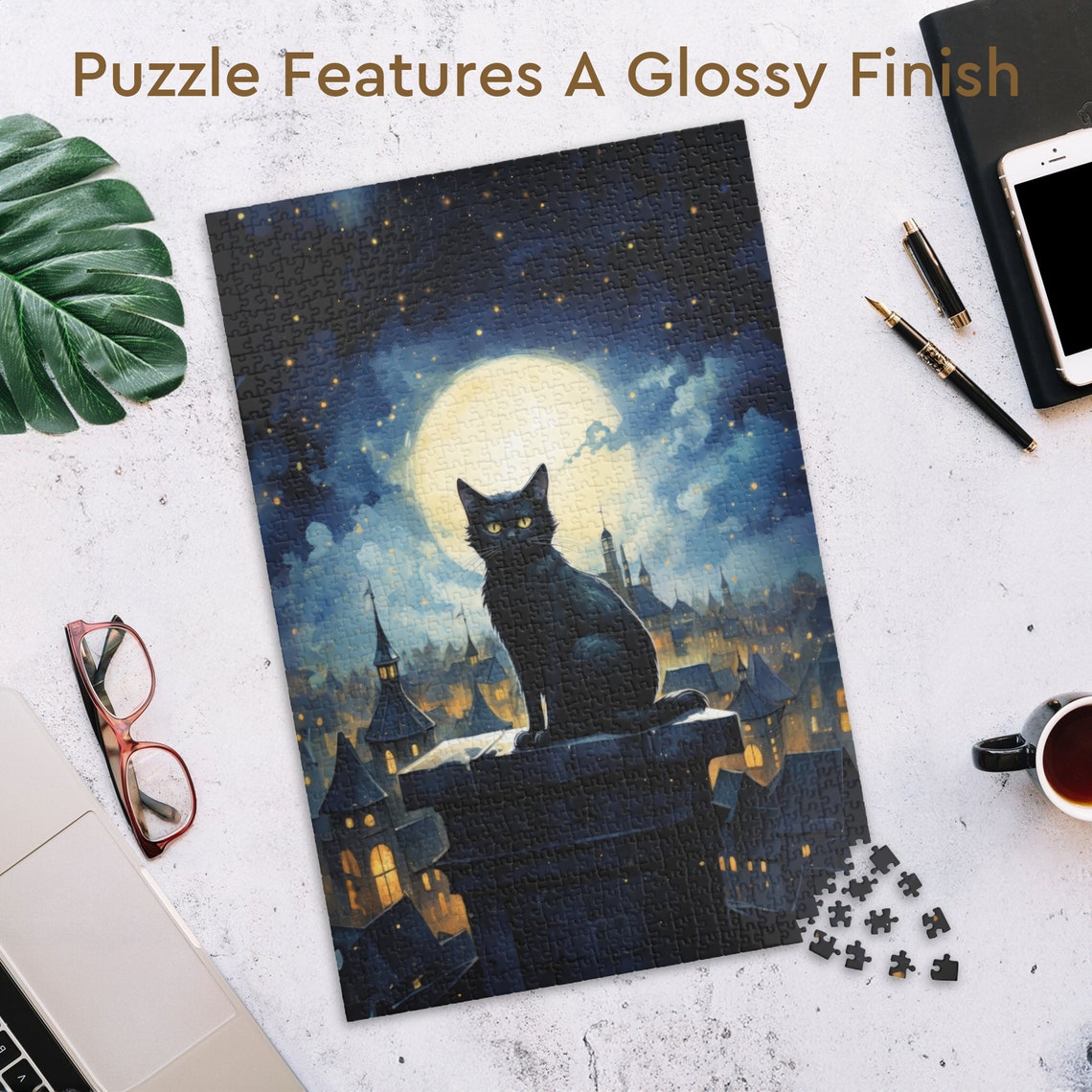 Black Cat Silhouette on a Rooftop Ledge Under the Full Moon Poster - Image 3