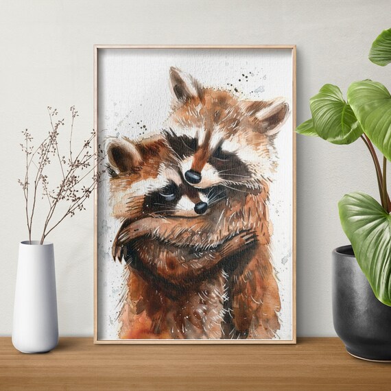 Two Raccoons Cuddling Together in a Tender Watercolor Embrace Poster