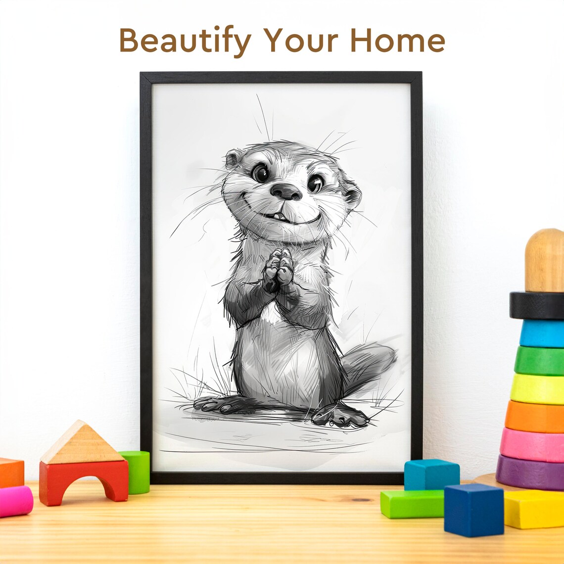 Cute Baby Otter Black and White Pencil Sketch Drawing Poster - Image 3