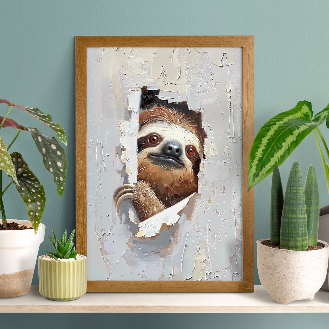 Cheeky Sloth Peeking Through Torn Paper 3D Style Funny Poster