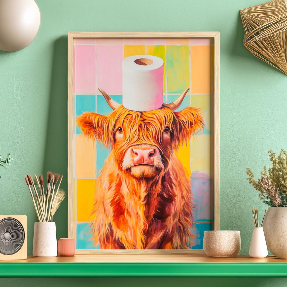 Highland Cow Balancing a Toilet Paper Roll on Its Head Poster