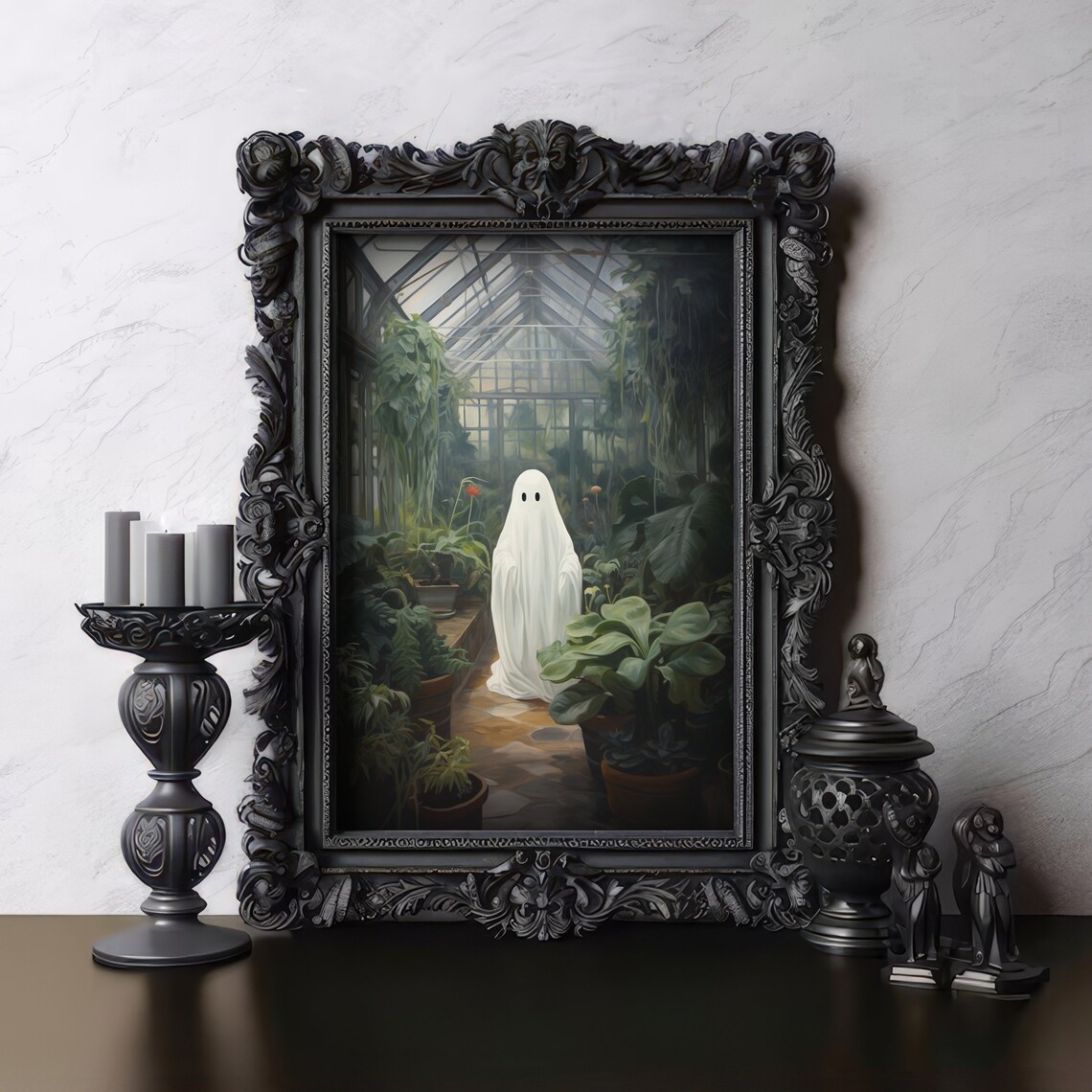 Ghost Standing in a Lush Botanical Greenhouse Garden Scene Poster