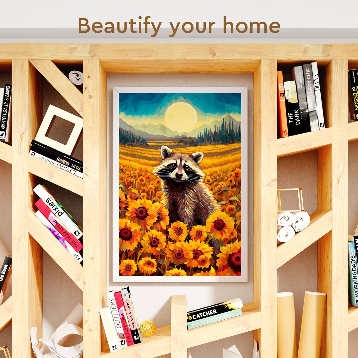 Sunflower Field Raccoon Retro Flower Art Print - Image 3