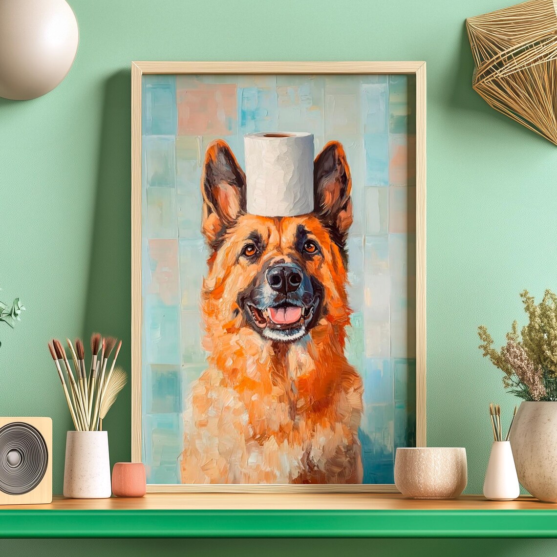 German Shepherd Balancing A Toilet Paper Roll On Head Poster