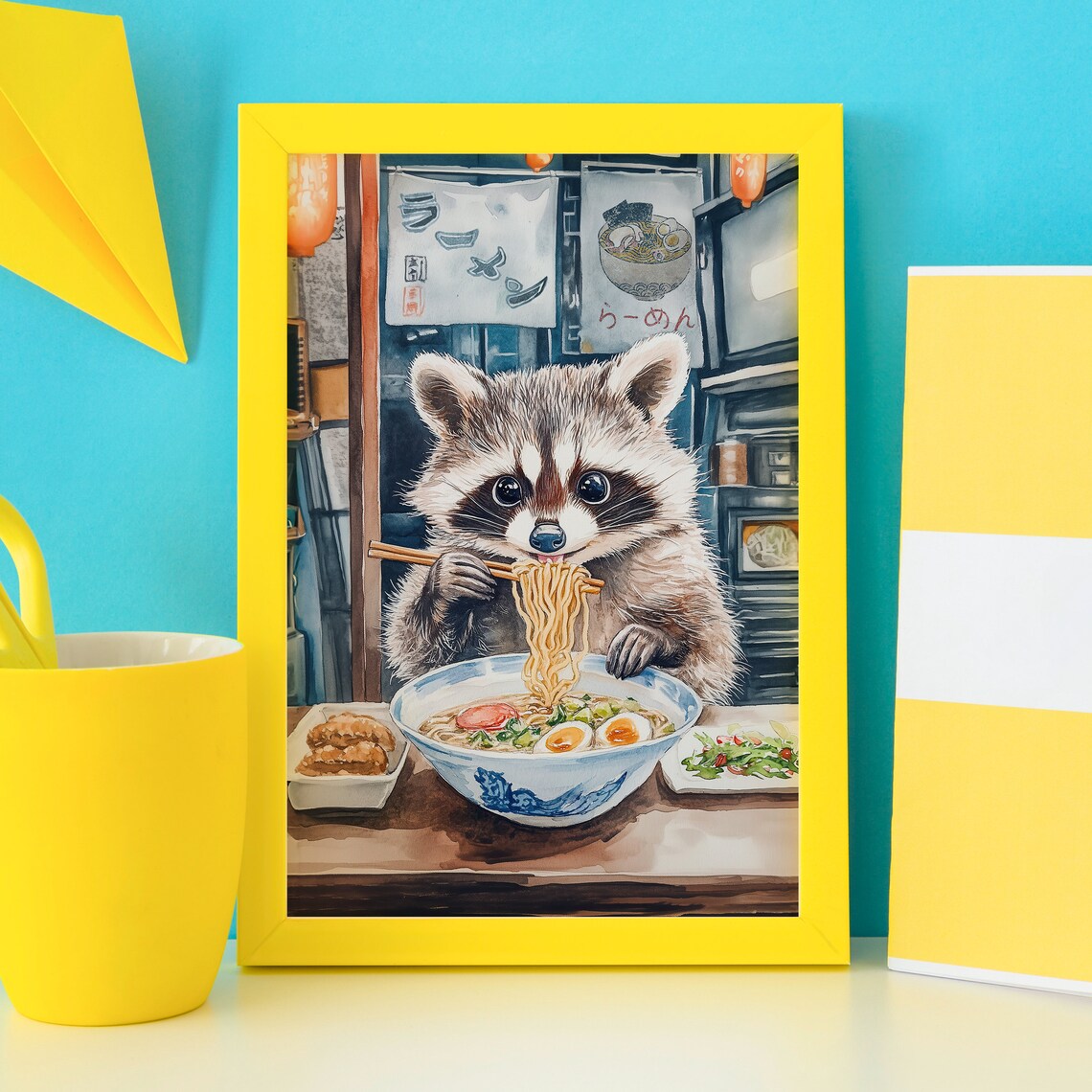 Raccoon Eating Ramen with Chopsticks at Japanese Noodle Shop Poster